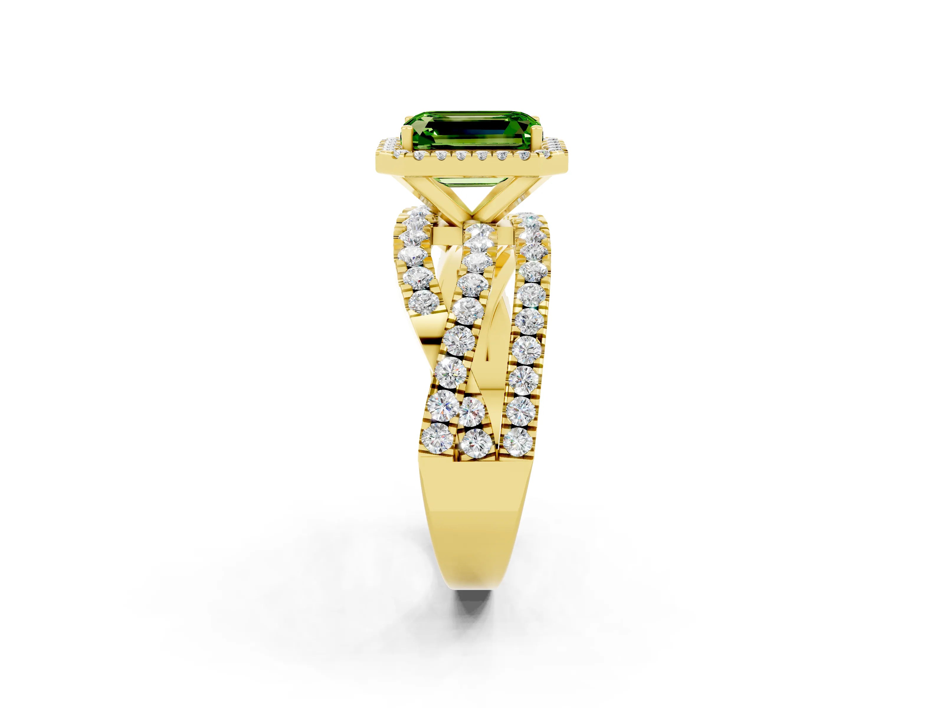 Yellow gold Emerald Cut Cut Halo Split Shank Prong Setting Ring_14