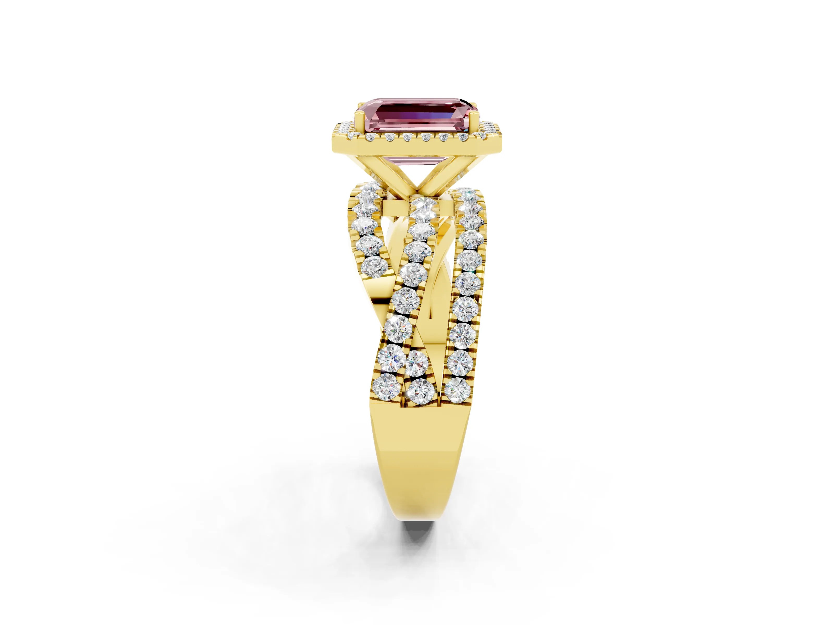 Yellow gold Emerald Cut Cut Halo Split Shank Prong Setting Ring_14