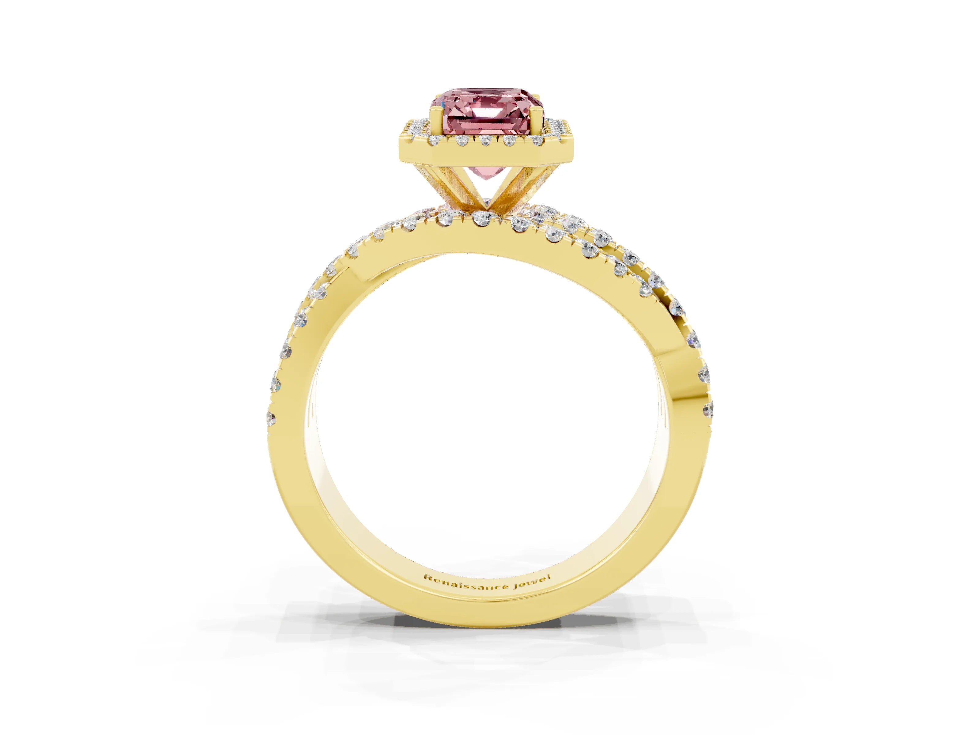 Yellow gold Emerald Cut Cut Halo Split Shank Prong Setting Ring_15