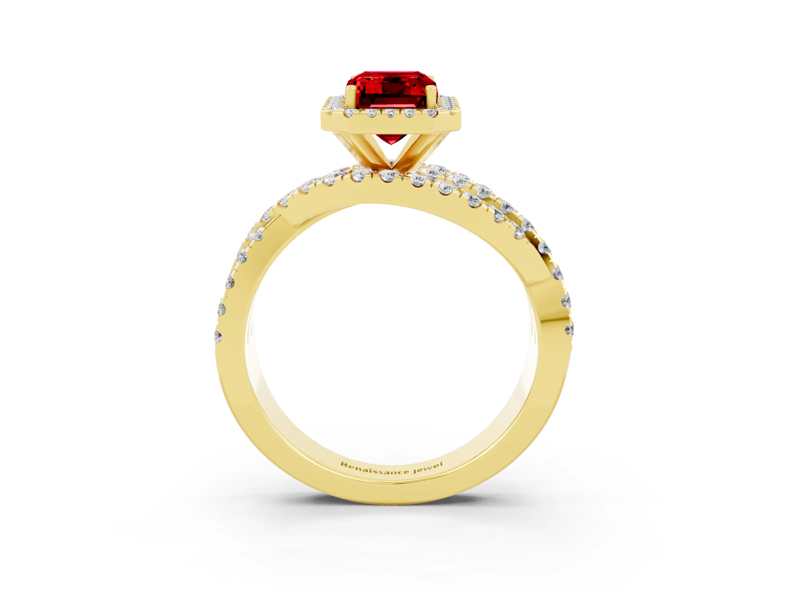 Yellow gold Emerald Cut Cut Halo Split Shank Prong Setting Ring_15