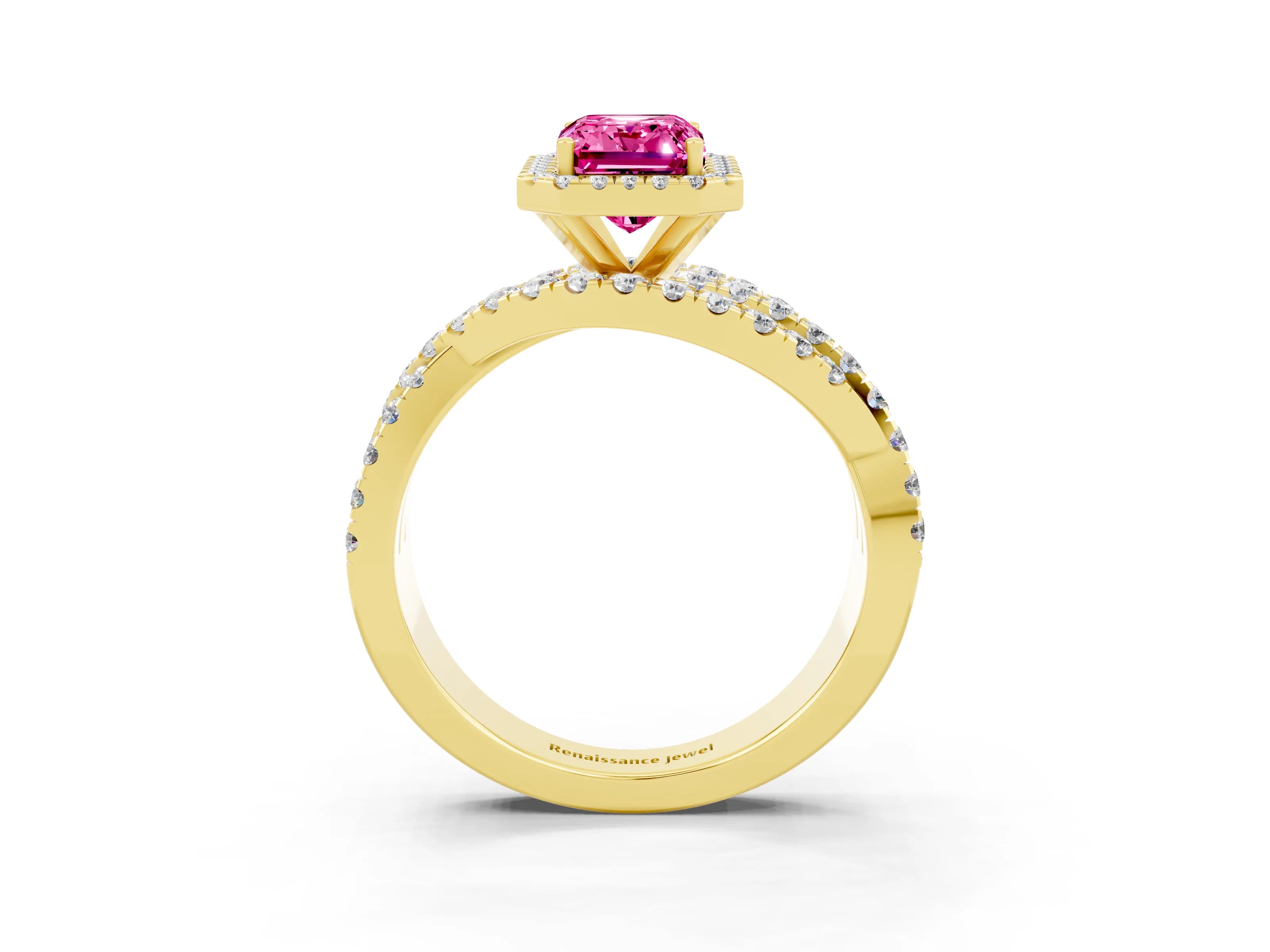 Yellow gold Emerald Cut Cut Halo Split Shank Prong Setting Ring_15
