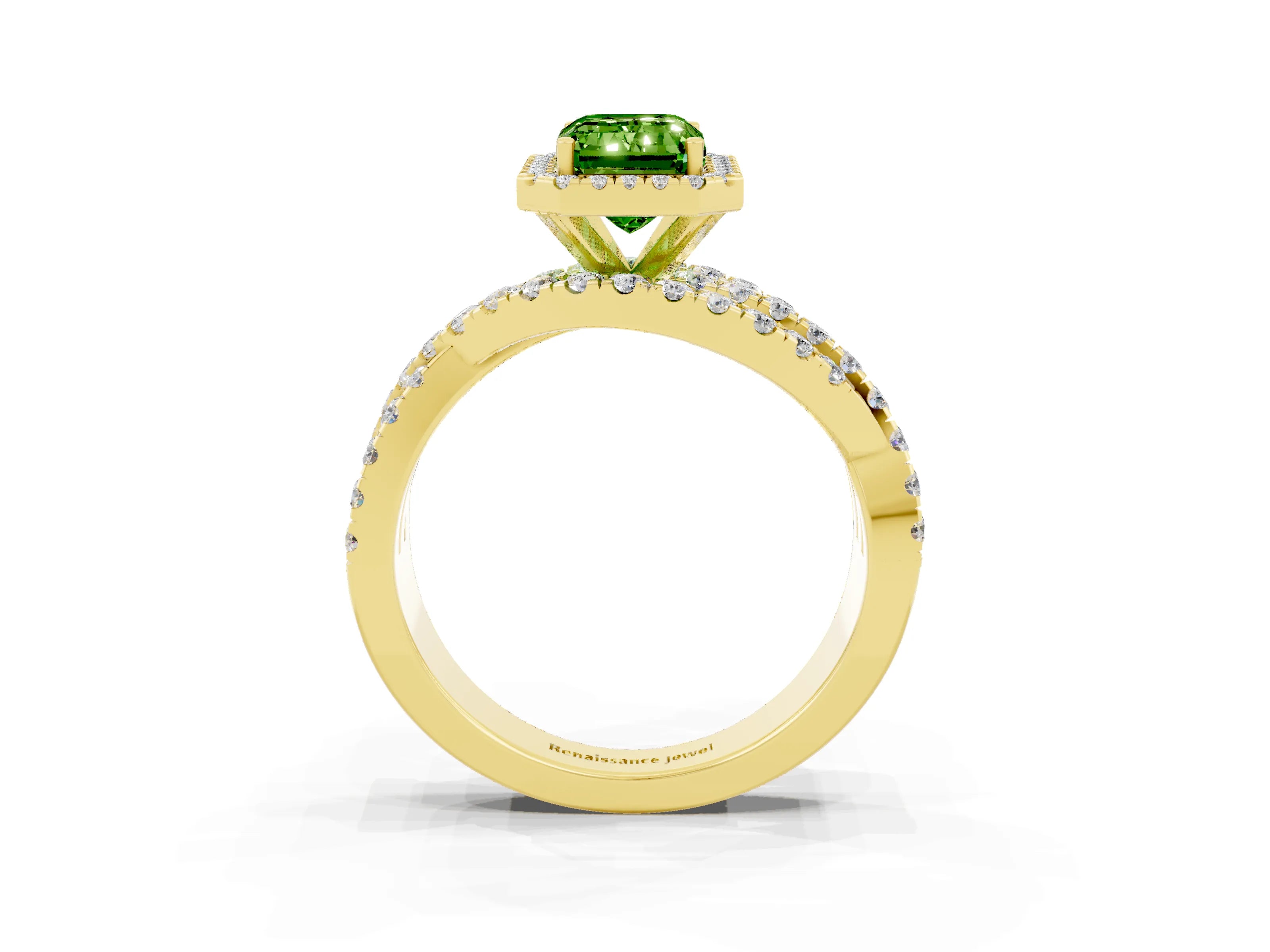Yellow gold Emerald Cut Cut Halo Split Shank Prong Setting Ring_15