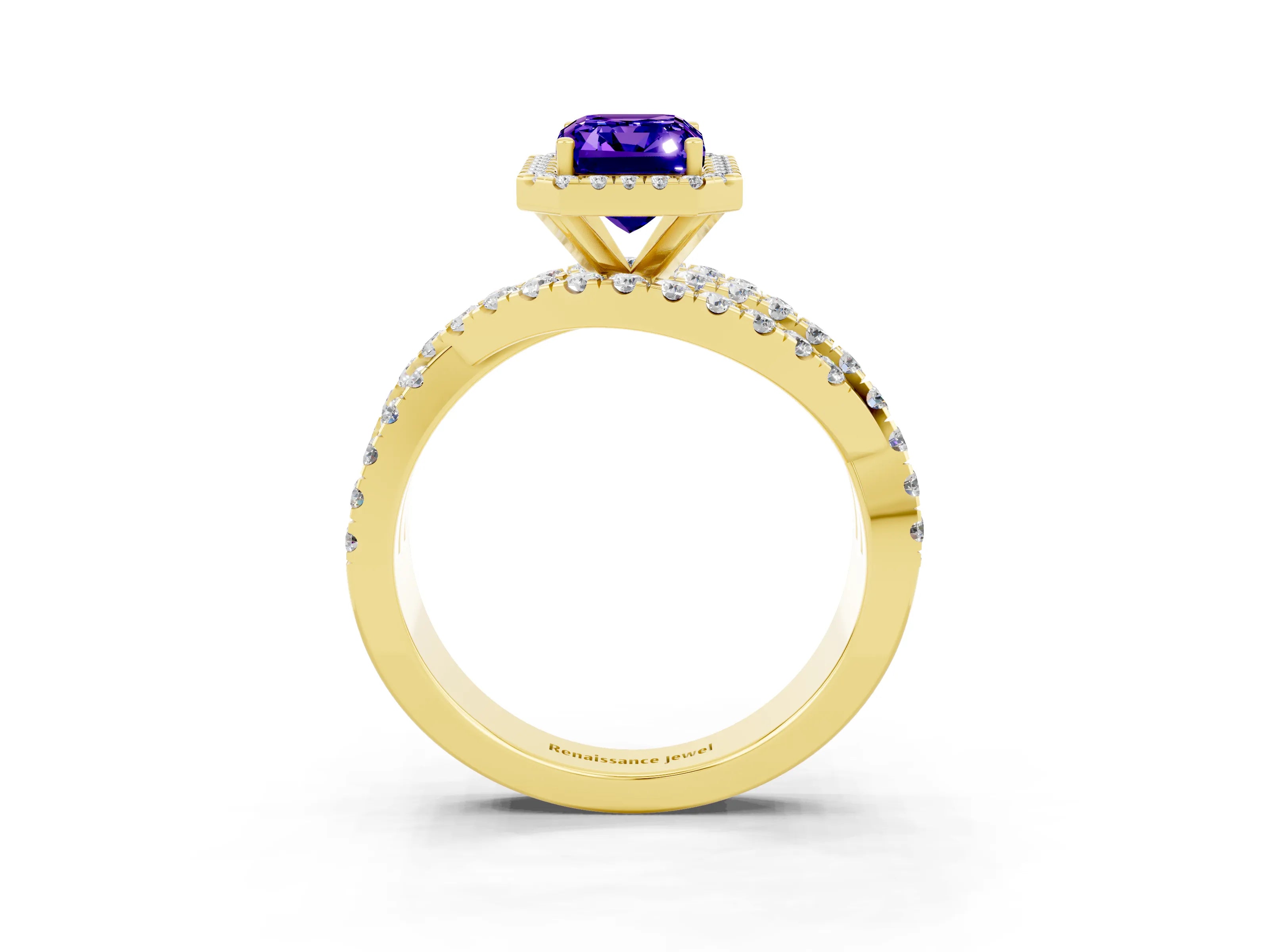 Yellow gold Emerald Cut Cut Halo Split Shank Prong Setting Ring_15