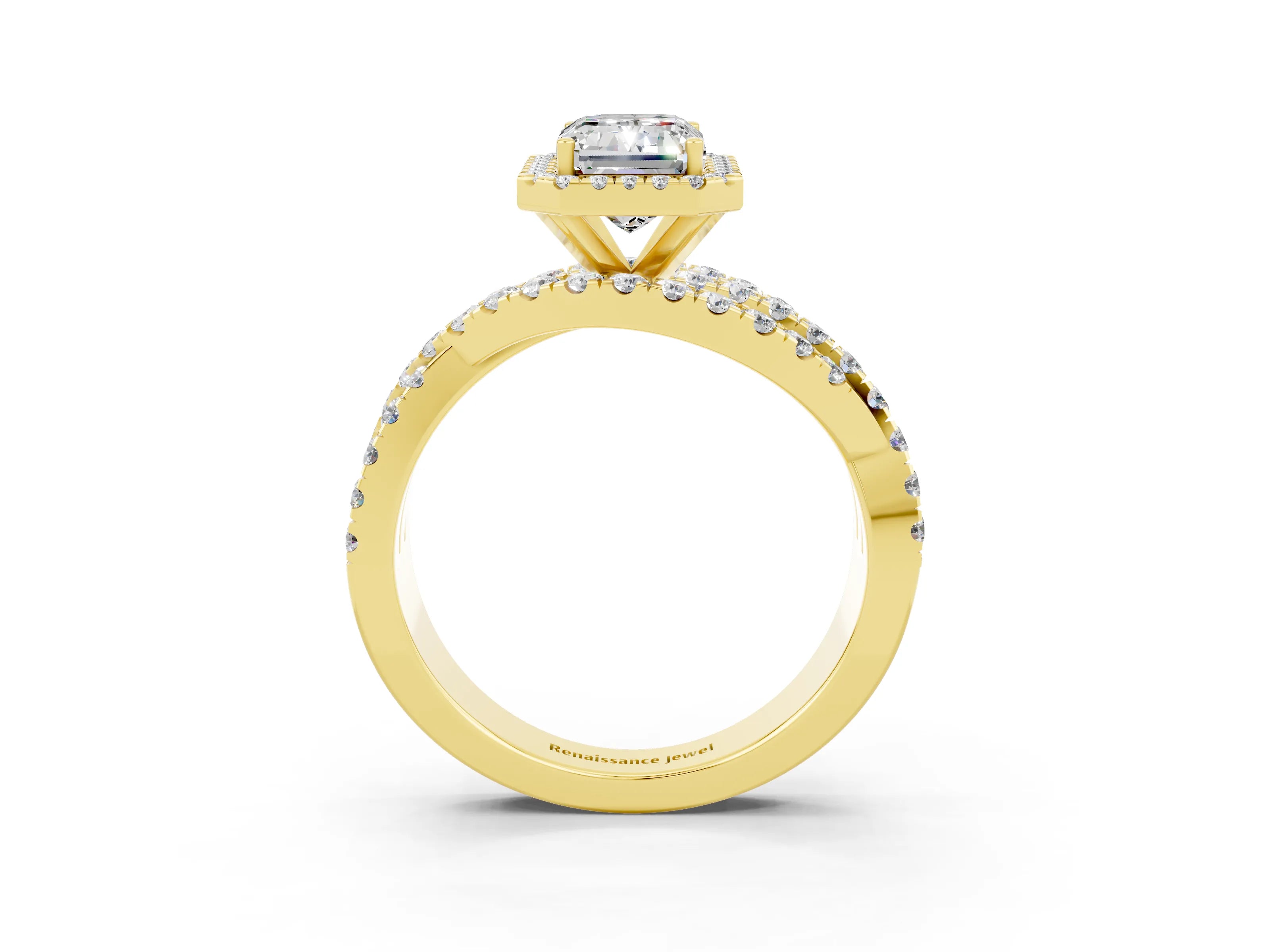 Yellow gold Emerald Cut Cut Halo Split Shank Prong Setting Ring_15