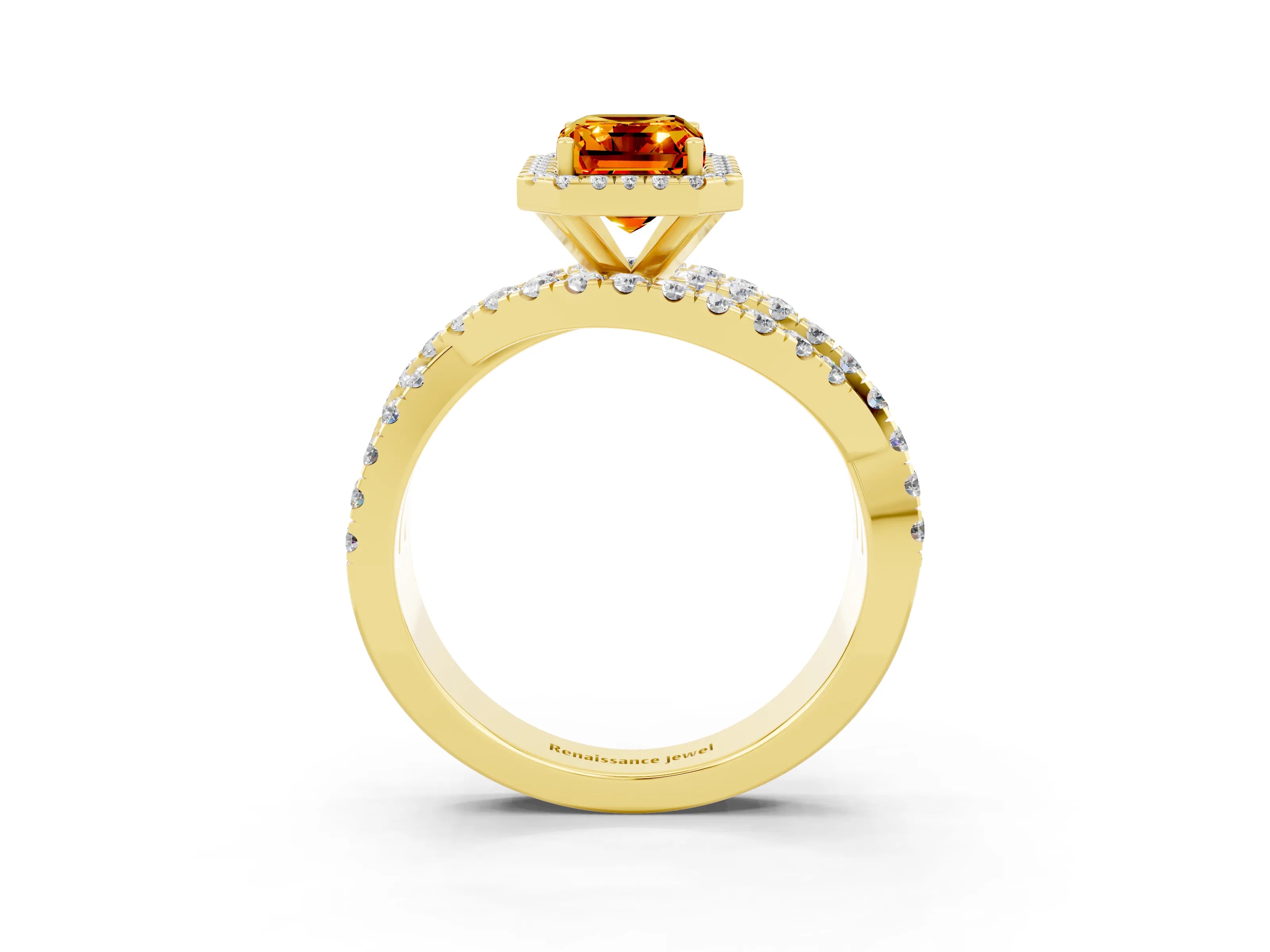 Yellow gold Emerald Cut Cut Halo Split Shank Prong Setting Ring_15