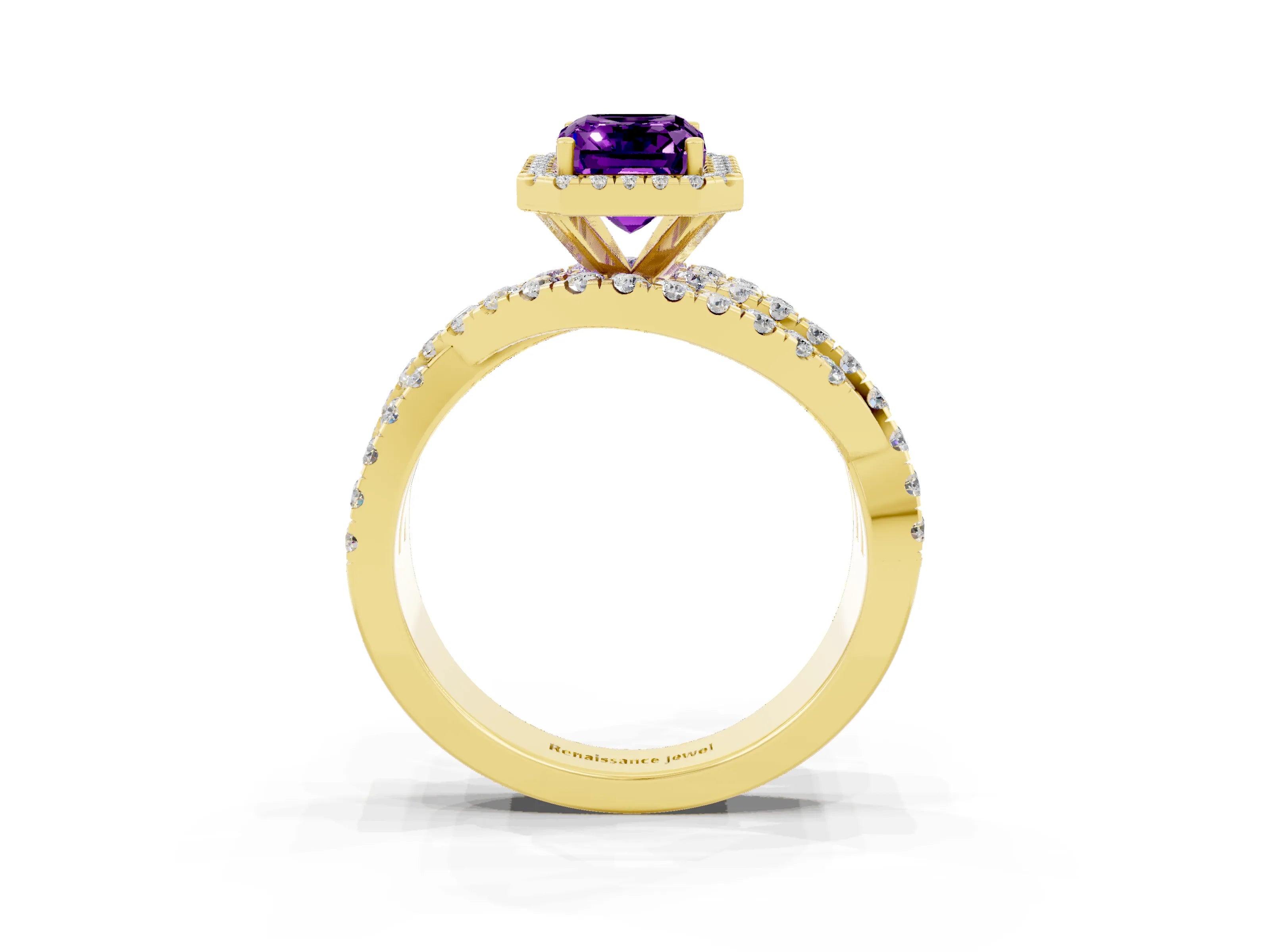 Yellow gold Emerald Cut Cut Halo Split Shank Prong Setting Ring_15