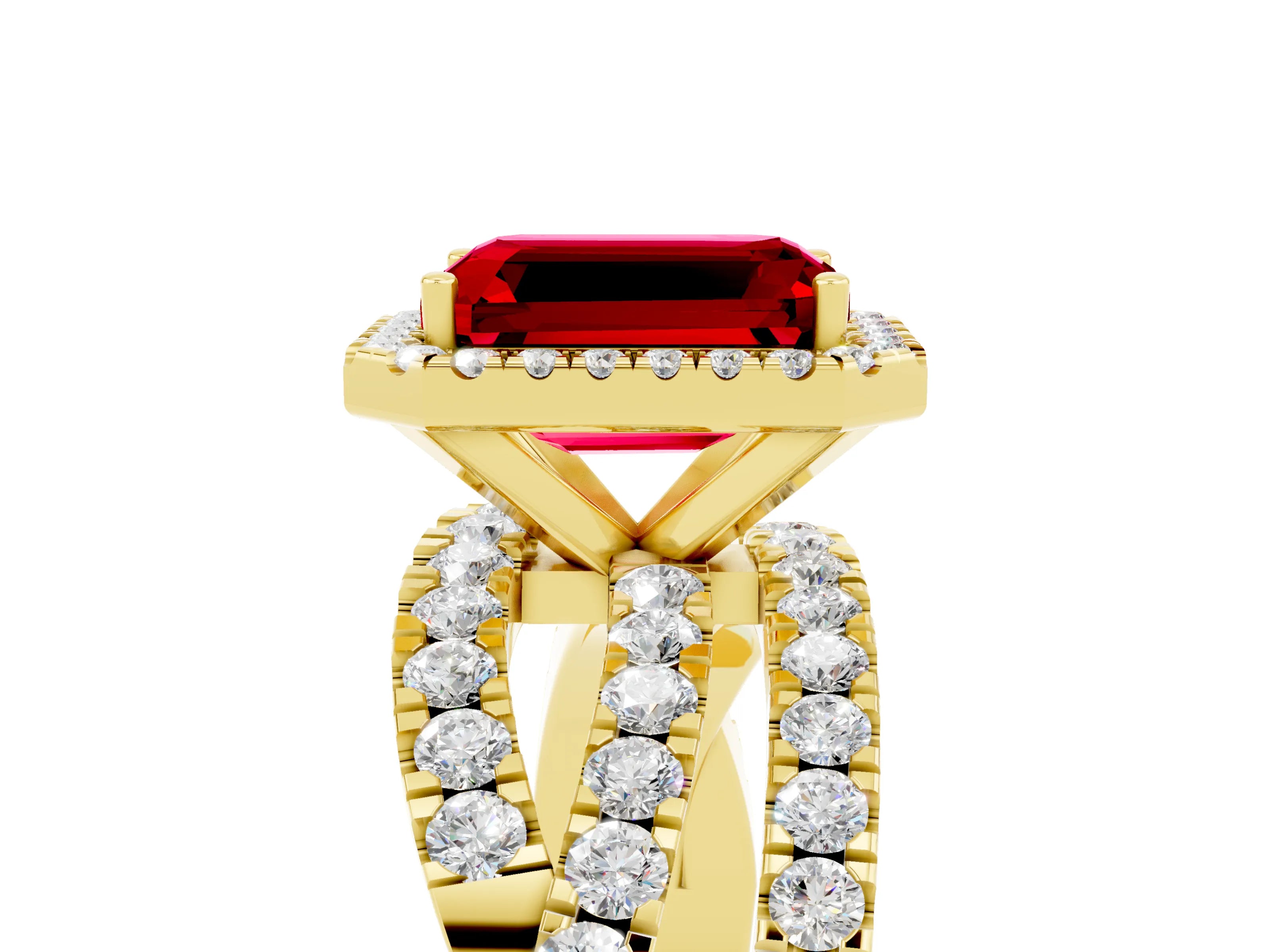 Yellow gold Emerald Cut Cut Halo Split Shank Prong Setting Ring_17