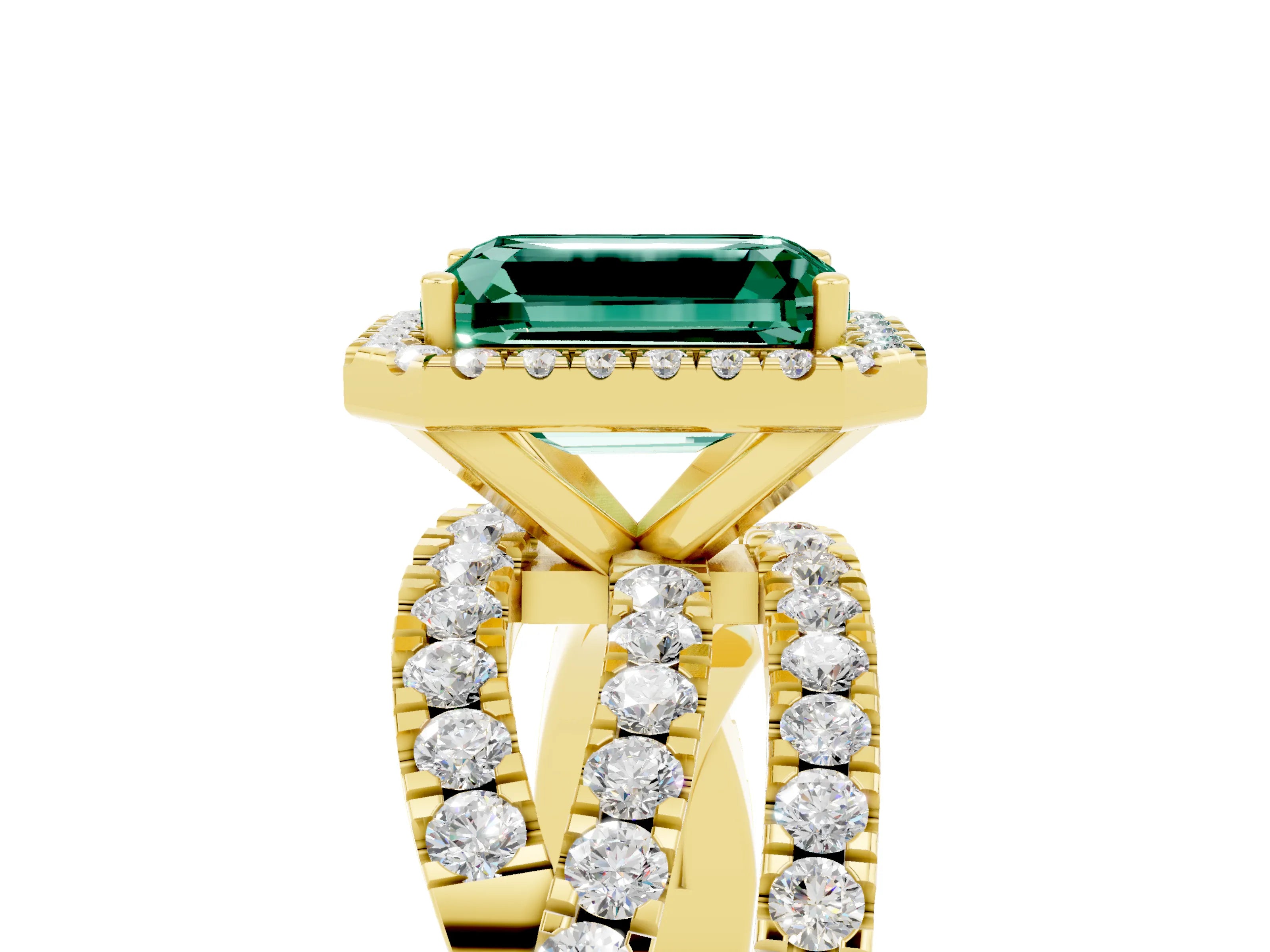 Yellow gold Emerald Cut Cut Halo Split Shank Prong Setting Ring_17