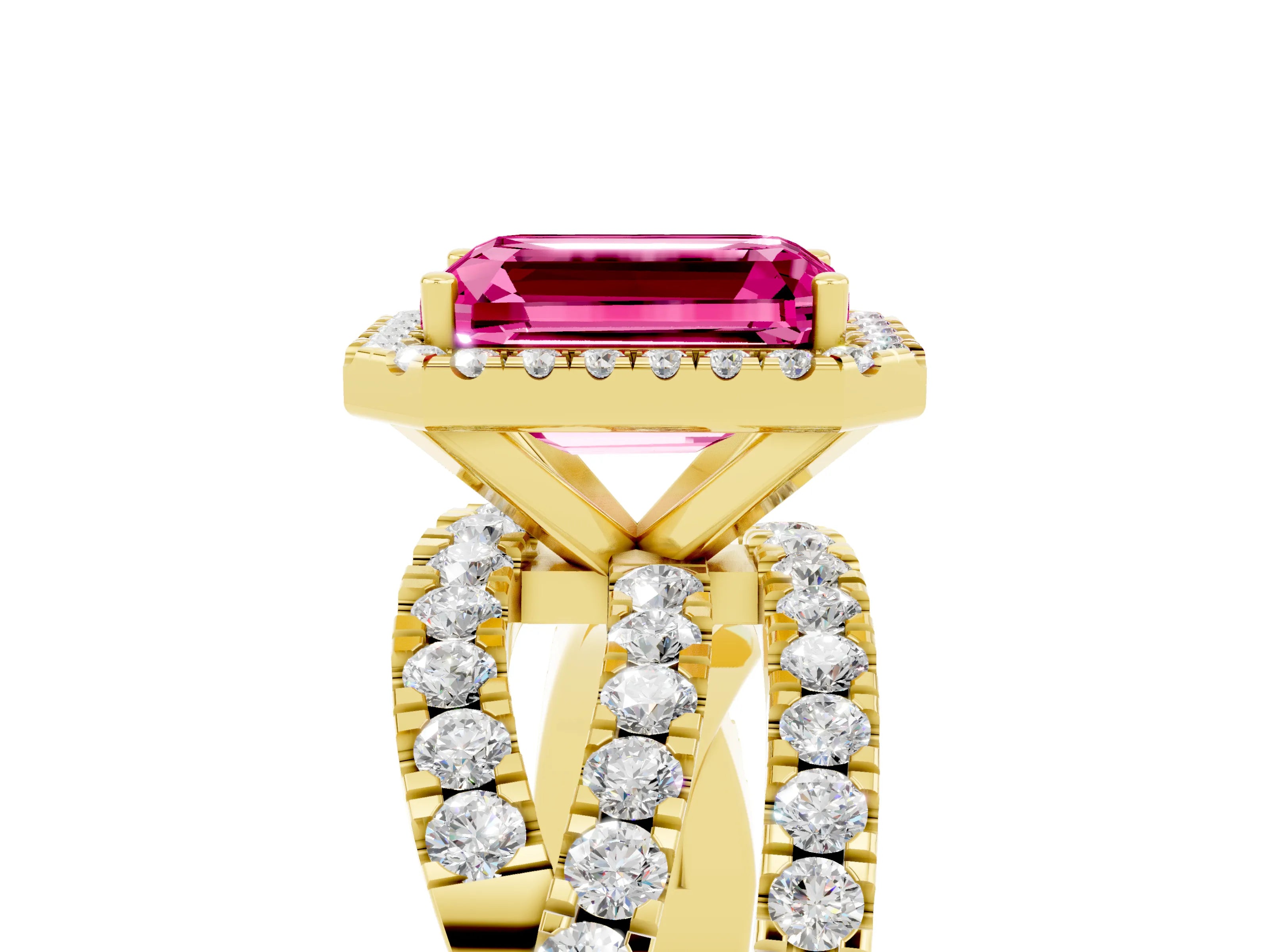 Yellow gold Emerald Cut Cut Halo Split Shank Prong Setting Ring_17