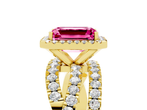 Yellow gold Emerald Cut Cut Halo Split Shank Prong Setting Ring_17