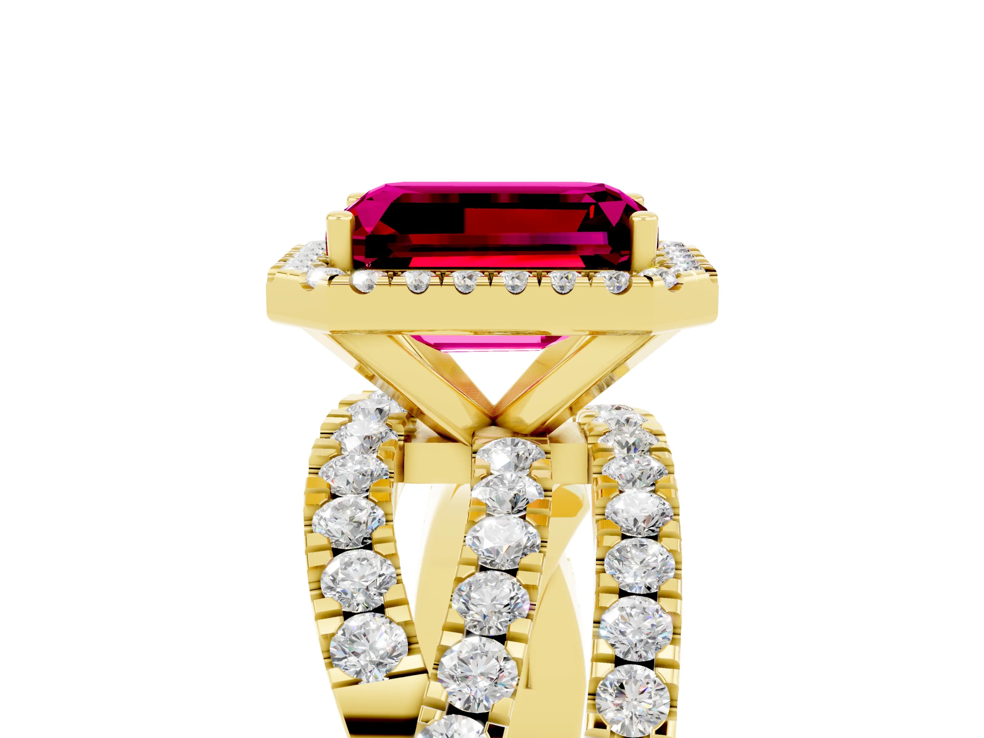 Yellow gold Emerald Cut Cut Halo Split Shank Prong Setting Ring_17