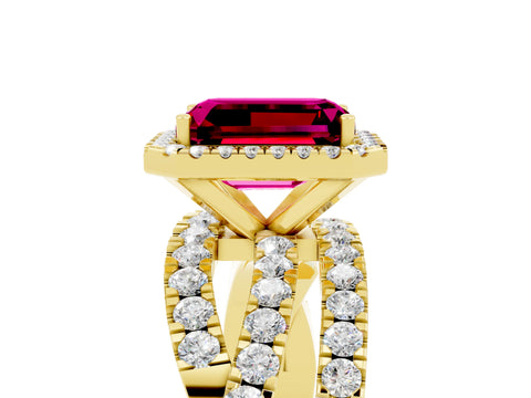 Yellow gold Emerald Cut Cut Halo Split Shank Prong Setting Ring_17