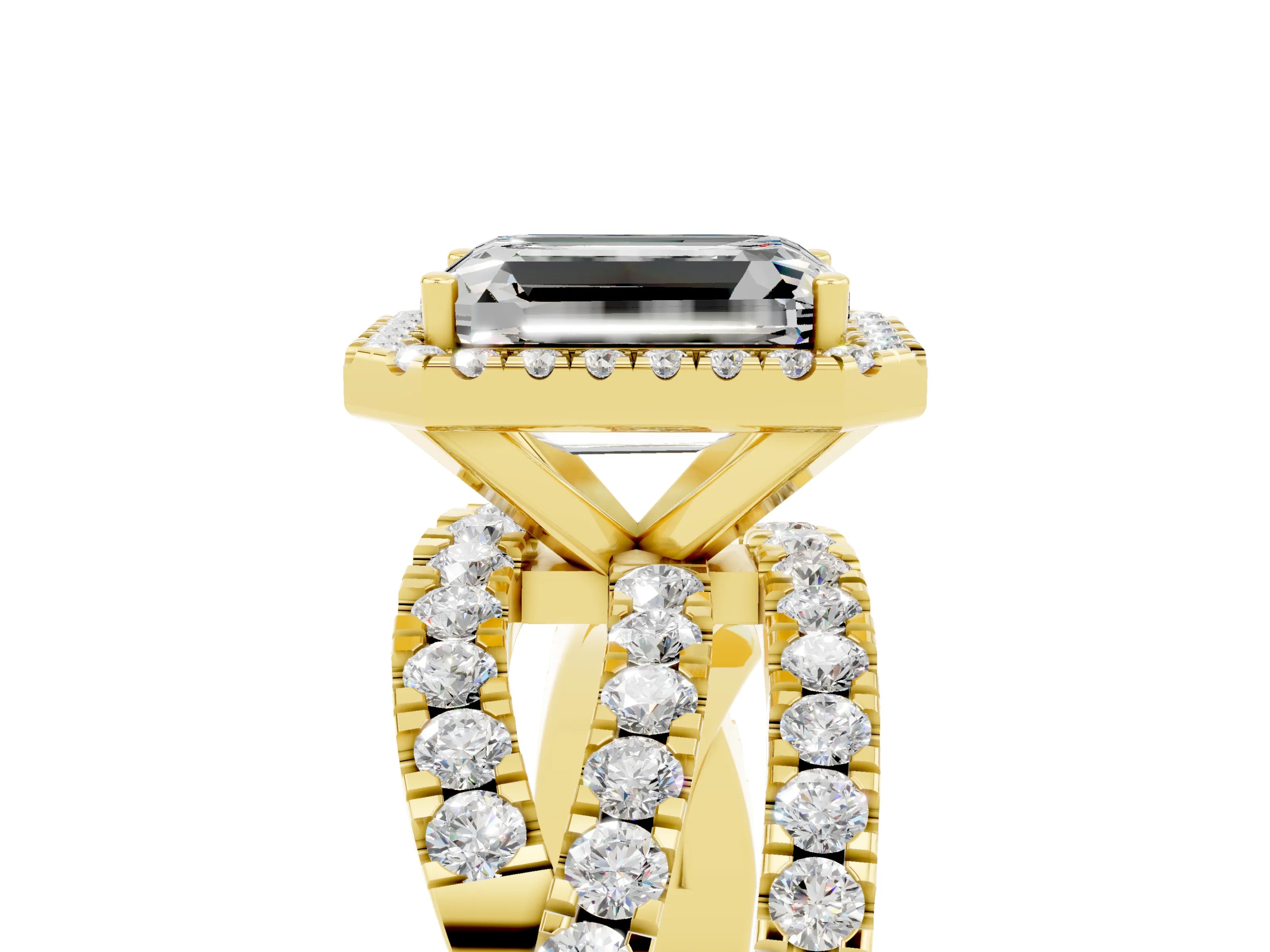 Yellow gold Emerald Cut Cut Halo Split Shank Prong Setting Ring_17