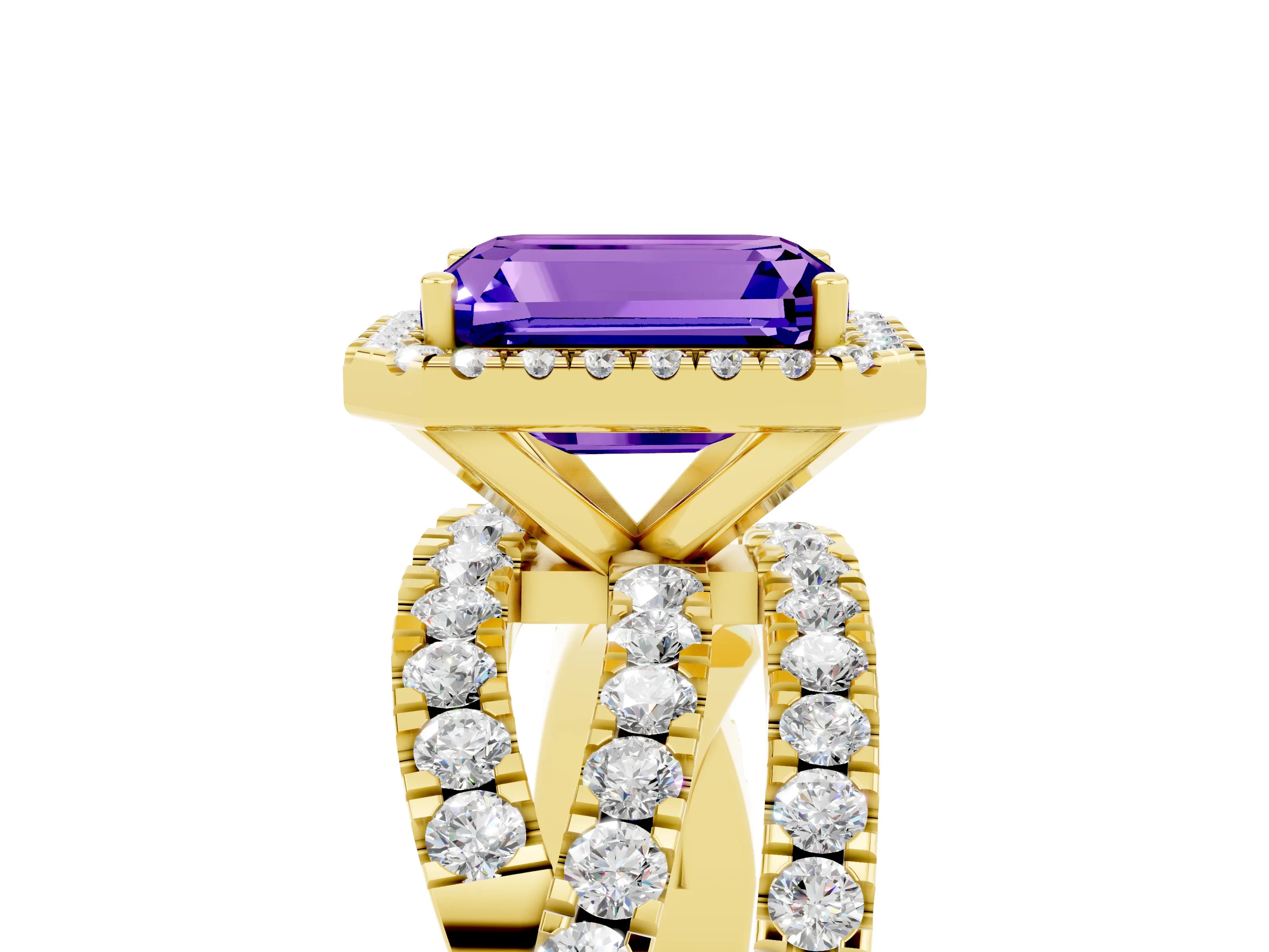 Yellow gold Emerald Cut Cut Halo Split Shank Prong Setting Ring_17