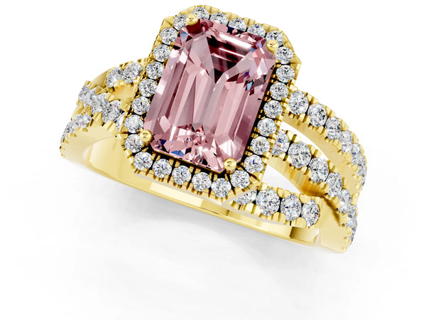 Yellow gold Emerald Cut Cut Halo Split Shank Prong Setting Ring
