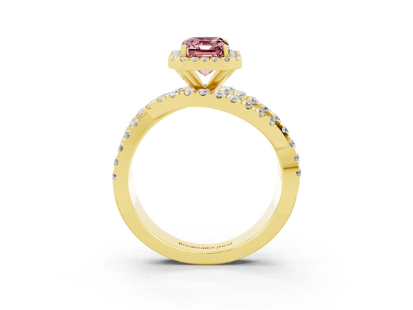 Yellow gold Emerald Cut Cut Halo Split Shank Prong Setting Ring