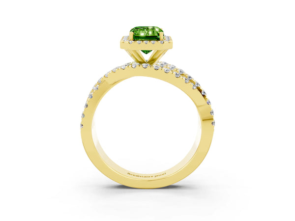 Yellow gold Emerald Cut Cut Halo Split Shank Prong Setting Ring