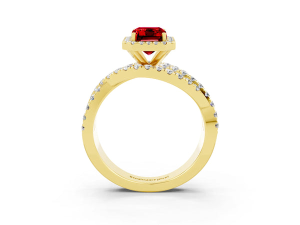 Yellow gold Emerald Cut Cut Halo Split Shank Prong Setting Ring