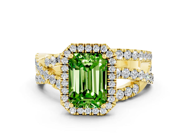 Yellow gold Emerald Cut Cut Halo Split Shank Prong Setting Ring