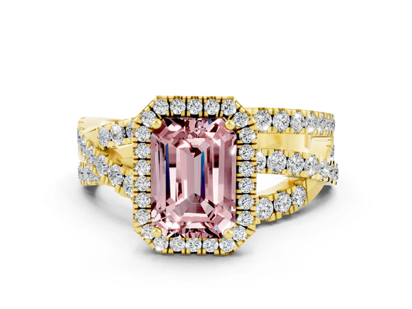 Yellow gold Emerald Cut Cut Halo Split Shank Prong Setting Ring