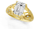 Yellow gold Emerald Cut Cut Milgrain Pave Diamond Engagement Ring with Four-Prong Setting_16