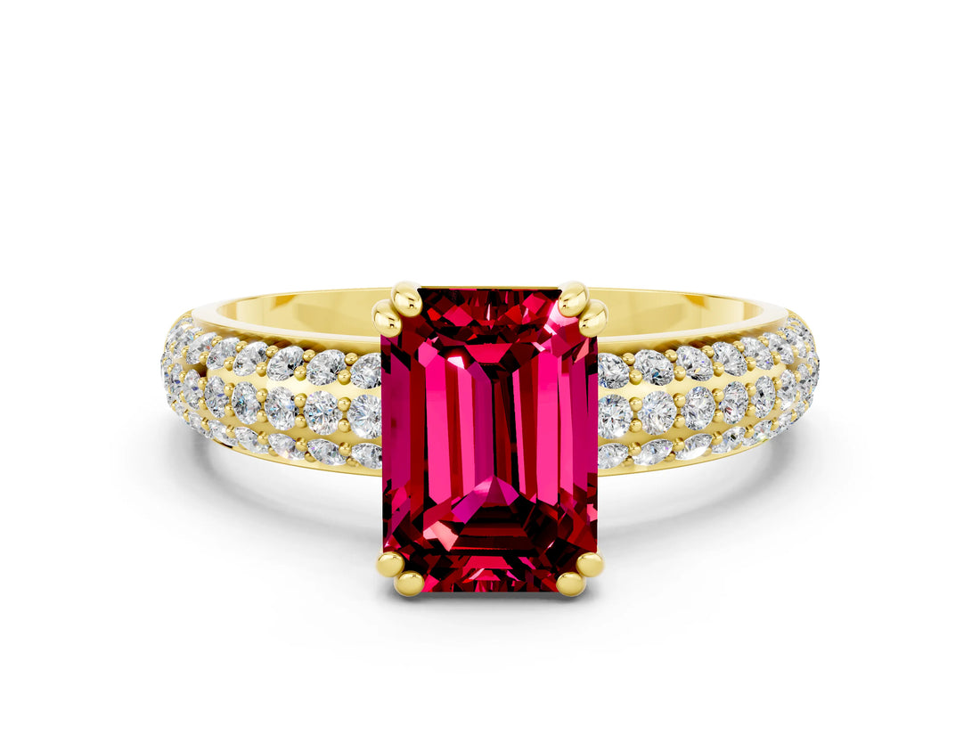 Yellow gold Emerald Cut Cut Pave Diamond Engagement Ring with Channel Set Band and Four-Prong Setting