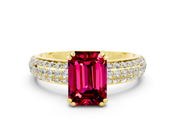 Yellow gold Emerald Cut Garnet Solitaire Ring with Multi-Row Round Pavé Band and Prong Setting