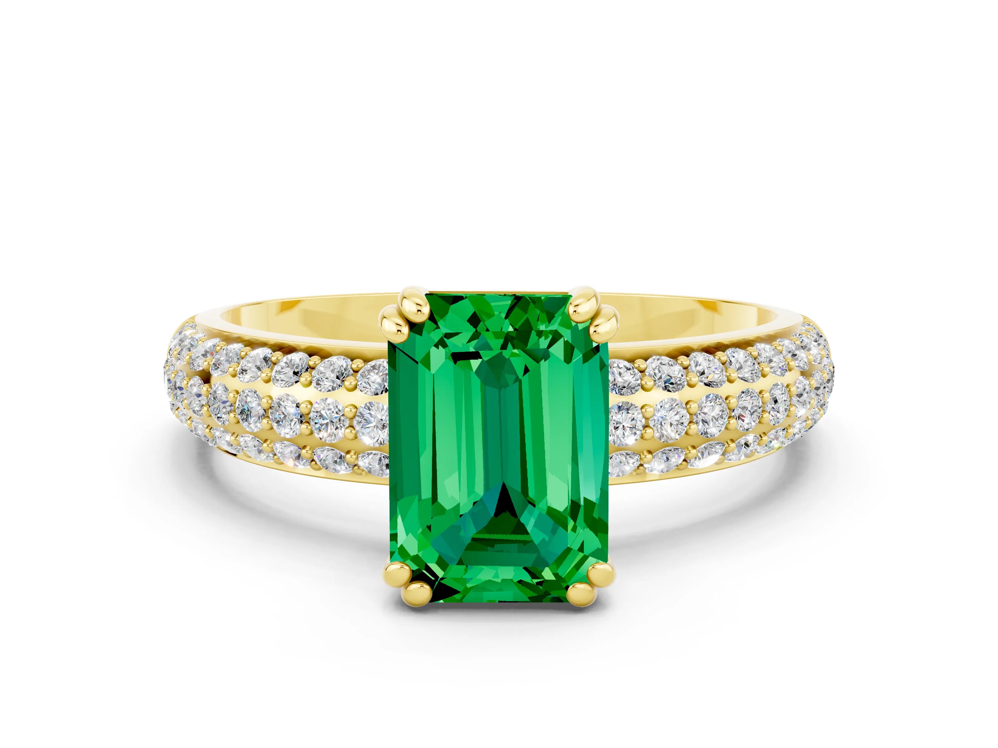 Yellow gold Emerald Cut Cut Pave Diamond Engagement Ring with Channel Set Band and Four-Prong Setting