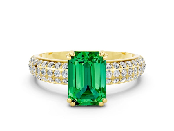 Yellow gold Emerald Cut Emerald Solitaire Ring with Multi-Row Round Pavé Band and Prong Setting