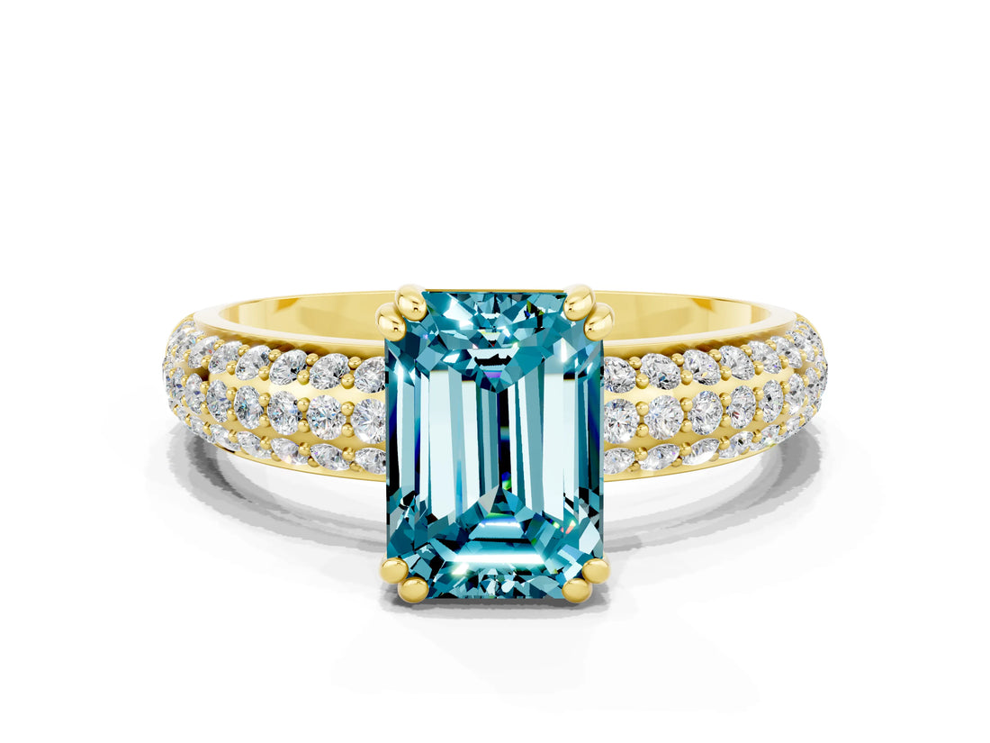 Yellow gold Emerald Cut Cut Pave Diamond Engagement Ring with Channel Set Band and Four-Prong Setting