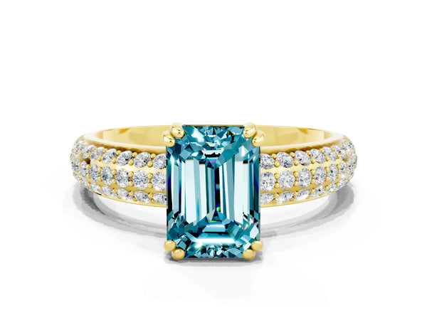 Yellow gold Emerald Cut Cut Pave Diamond Engagement Ring with Channel Set Band and Four-Prong Setting