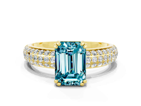 Yellow gold Emerald Cut Cut Pave Diamond Engagement Ring with Channel Set Band and Four-Prong Setting