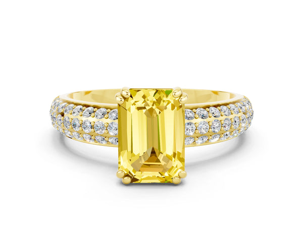 Yellow gold Emerald Cut Yellow Sapphire Solitaire Ring with Multi-Row Round Pavé Band and Prong Setting