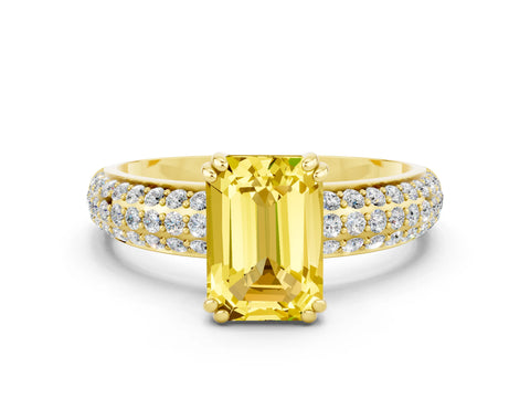 Yellow gold Emerald Cut Cut Pave Diamond Engagement Ring with Channel Set Band and Four-Prong Setting