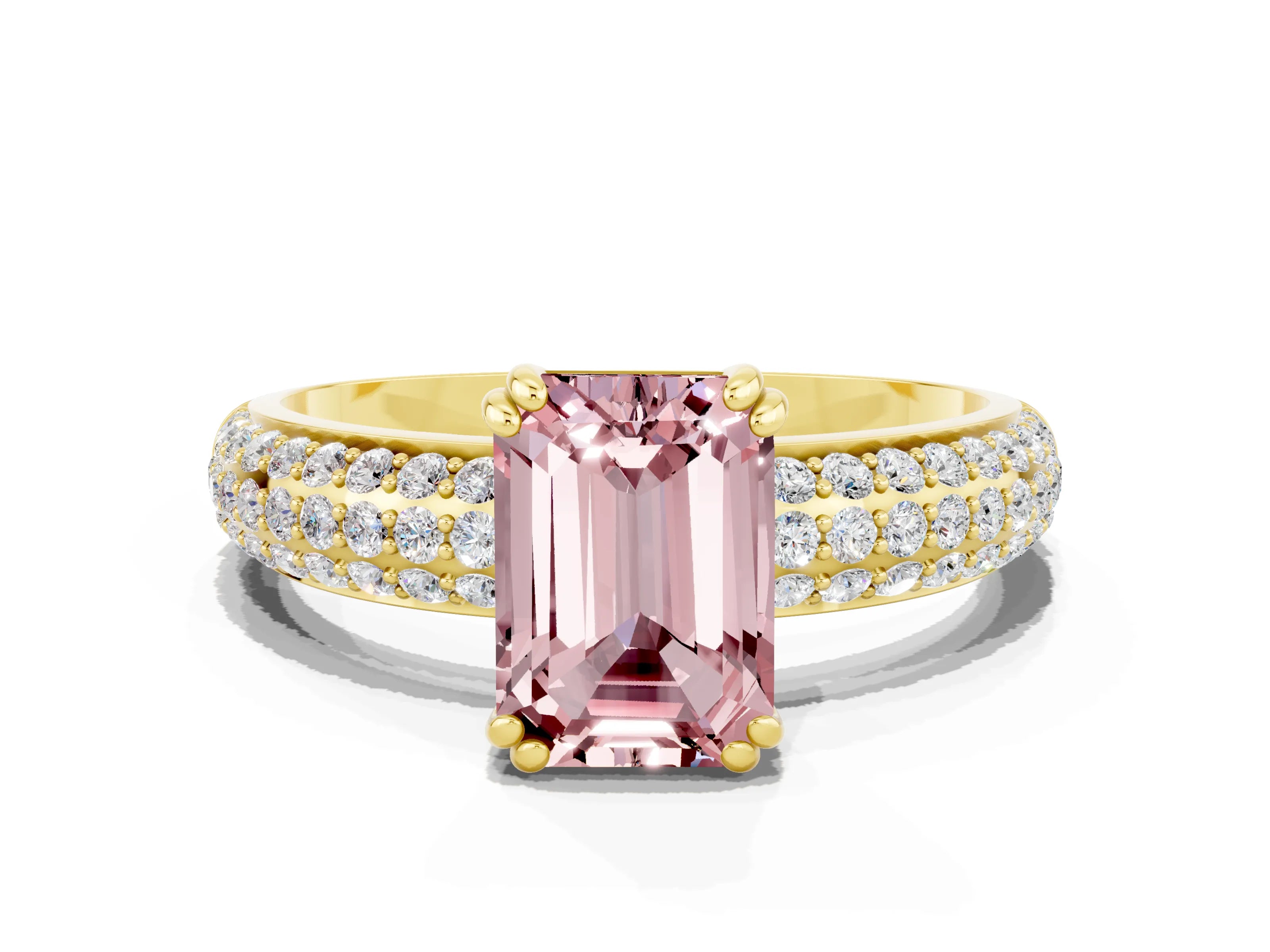 Yellow gold Emerald Cut Cut Pave Diamond Engagement Ring with Channel Set Band and Four-Prong Setting