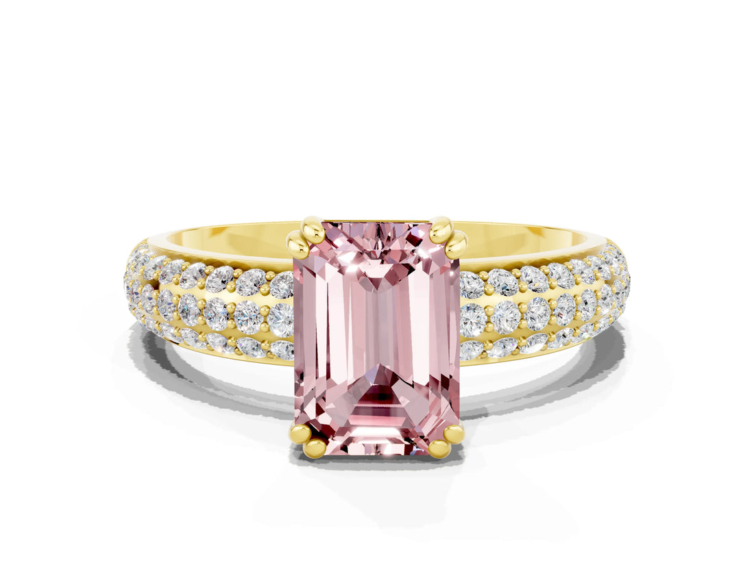 Yellow gold Emerald Cut Cut Pave Diamond Engagement Ring with Channel Set Band and Four-Prong Setting