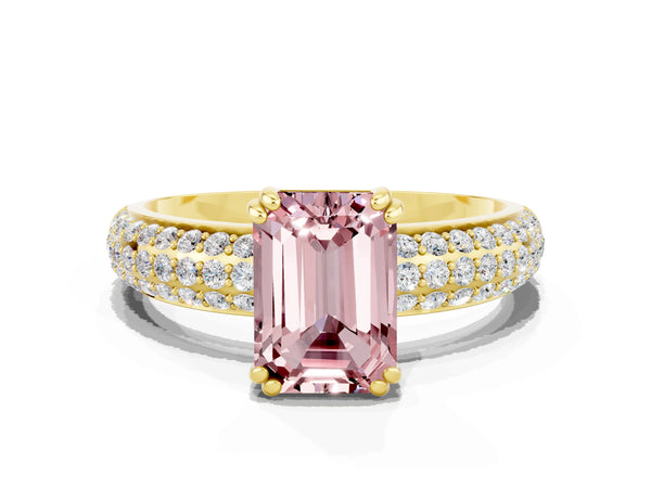 Yellow gold Emerald Cut Cut Pave Diamond Engagement Ring with Channel Set Band and Four-Prong Setting