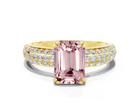 Yellow gold Emerald Cut Cut Pave Diamond Engagement Ring with Channel Set Band and Four-Prong Setting