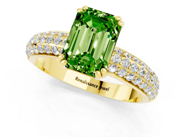 Yellow gold Emerald Cut Cut Pave Diamond Engagement Ring with Channel Set Band and Four-Prong Setting
