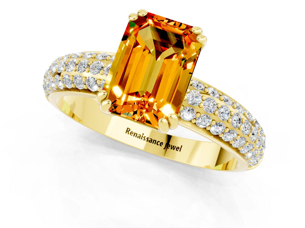 Yellow gold Emerald Cut Citrine Solitaire Ring with Multi-Row Round Pavé Band and Prong Setting