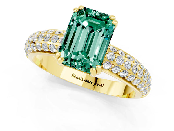 Yellow gold Emerald Cut Green Sapphire Solitaire Ring with Multi-Row Round Pavé Band and Prong Setting