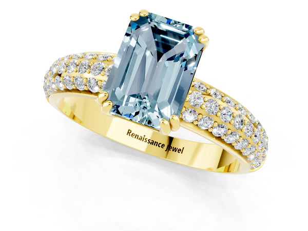 Yellow gold Emerald Cut Aquamarine Solitaire Ring with Multi-Row Round Pavé Band and Prong Setting