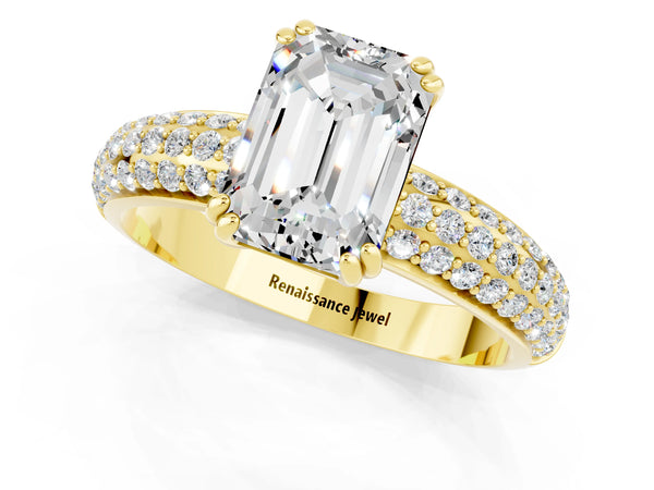 Yellow gold Emerald Cut Moissanite Solitaire Ring with Multi-Row Round Pavé Band and Prong Setting