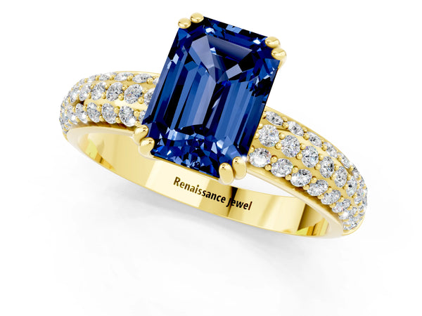 Yellow gold Emerald Cut Blue Sapphire Solitaire Ring with Multi-Row Round Pavé Band and Prong Setting