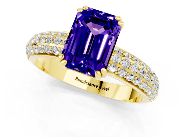 Yellow gold Emerald Cut Tanzanite Solitaire Ring with Multi-Row Round Pavé Band and Prong Setting