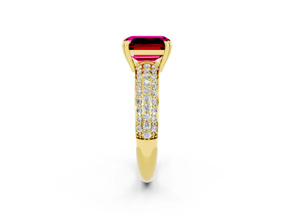 Yellow gold Emerald Cut Garnet Solitaire Ring with Multi-Row Round Pavé Band and Prong Setting