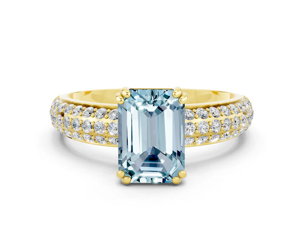 Yellow gold Emerald Cut Aquamarine Solitaire Ring with Multi-Row Round Pavé Band and Prong Setting