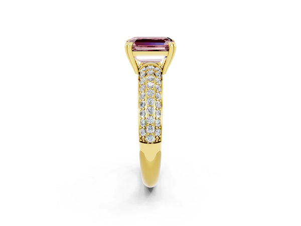 Yellow gold Emerald Cut Cut Pave Diamond Engagement Ring with Channel Set Band and Four-Prong Setting