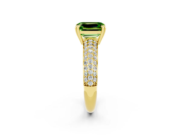 Yellow gold Emerald Cut Cut Pave Diamond Engagement Ring with Channel Set Band and Four-Prong Setting