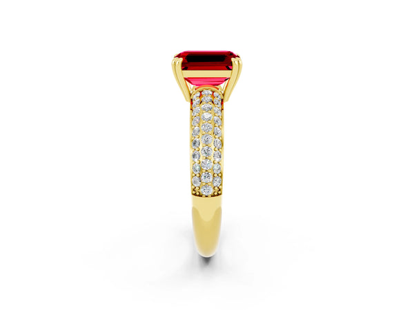 Yellow gold Emerald Cut Cut Pave Diamond Engagement Ring with Channel Set Band and Four-Prong Setting